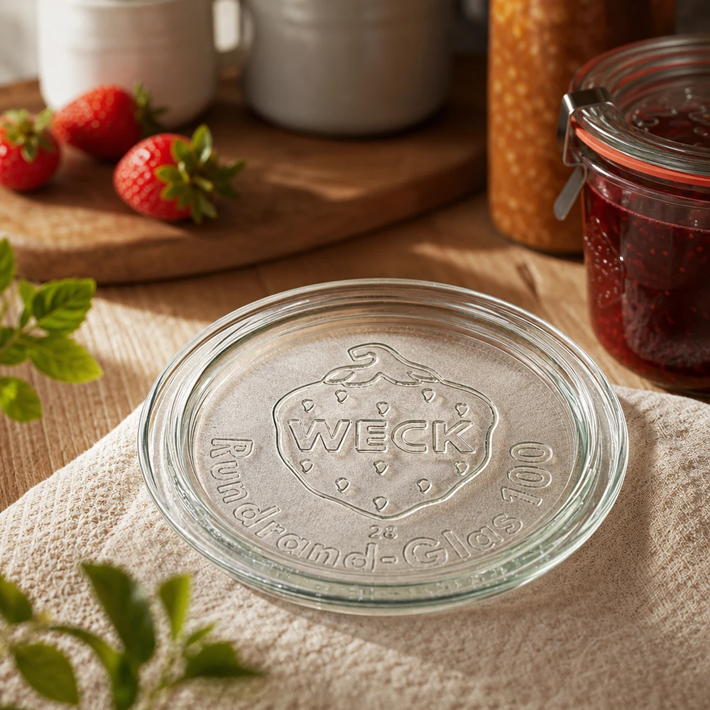 WECK Couvercle en verre RR100 Détail avec le logo de la marque en relief sur un torchon de cuisine à côté d'une confiture de fraises dans un pot en verre