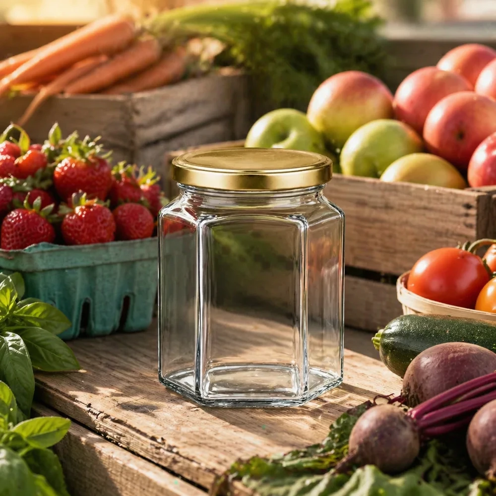 288ml Verre hexagonal avec couvercle BasicSeal or UNiTWIST Bocal hexagonal vide de 288 ml avec couvercle BasicSeal doré entre des fruits et légumes frais sur une table en bois dans une cuisine de ferme
