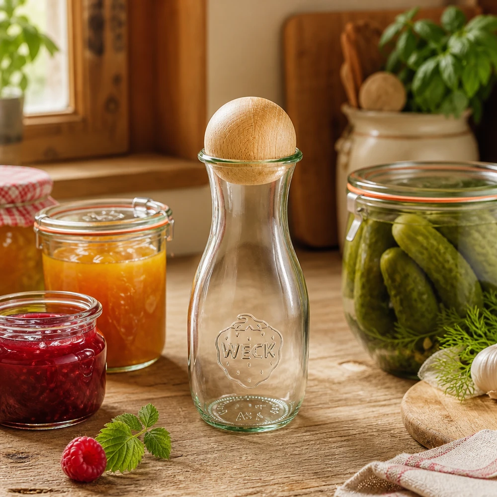 WECK Bouteille de jus 530ml avec bouchon en bois dans une cuisine rustique à côté de bocaux de confiture et de cornichons