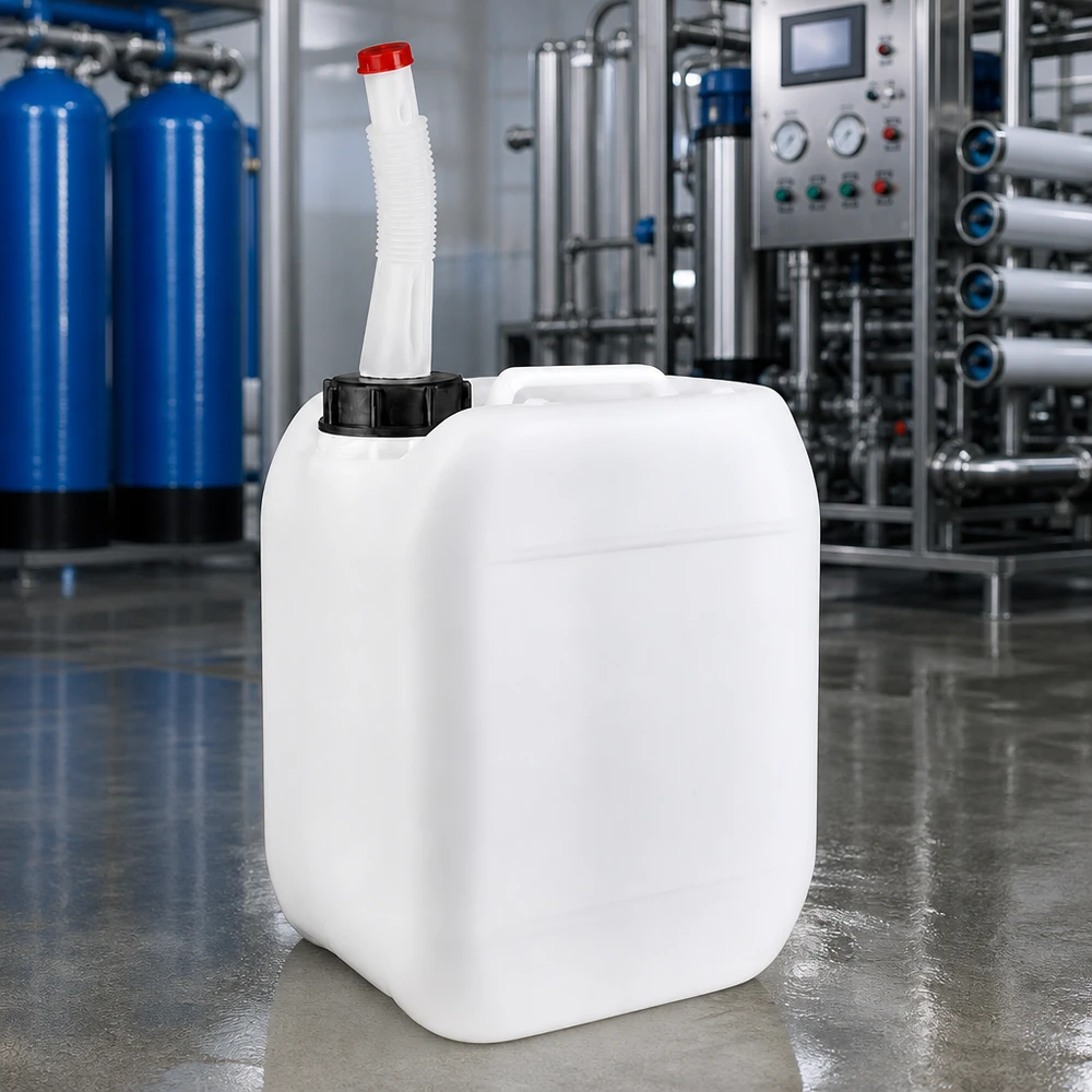 Récipient en plastique portable de 5 litres avec tube de remplissage flexible et bouchon rouge, utilisé en milieu industriel