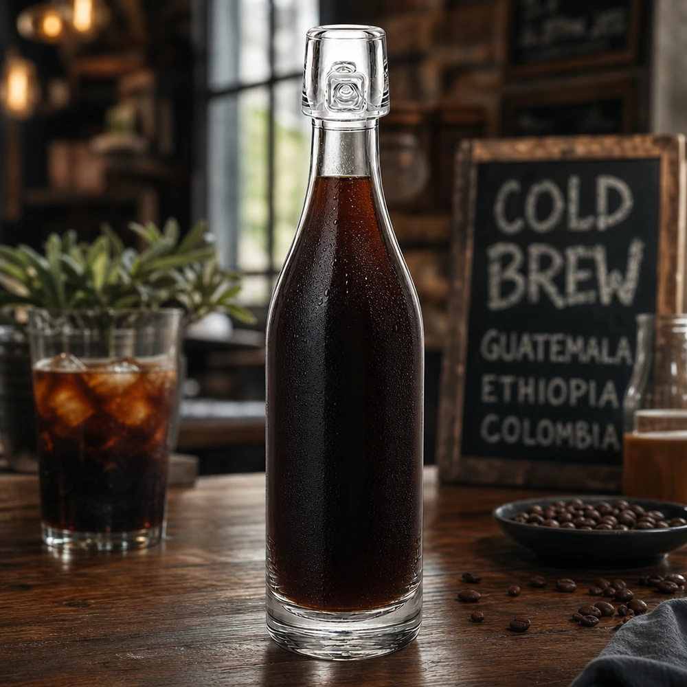Bouteille en verre de 50 ml sans bouchon mécanique UNiTWIST Bouteille en verre de 50 ml UNiTWIST remplie de café Cold Brew sur table en bois avec grains de café et verre
