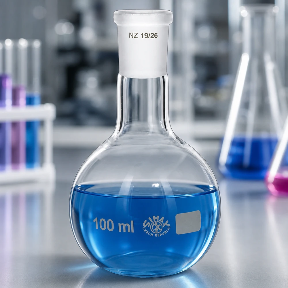 Ballon à fond plat 100 ml à col étroit, en verre borosilicate avec rodage normalisé 19/26 Verrerie de laboratoire 100ml avec fond sphérique - répartition optimale de la chaleur lors des réactions