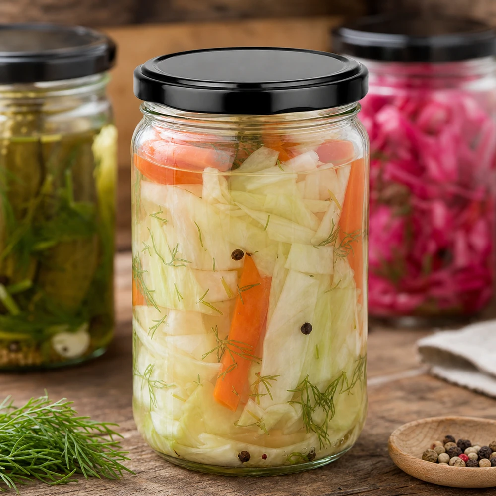 305ml Rundglas UNiTWIST mit schwarzem Deckel für eingelegtes Gemüse mit Dill und Gewürzen auf Holztisch