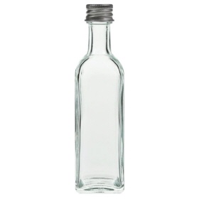 Bouteille à liqueur transparente 60 ml carrée + capsule à vis en aluminium argenté (PP 18 mm) Bouteille à liqueur transparente 60 ml carrée + capsule à vis en aluminium argenté (PP 18 mm)