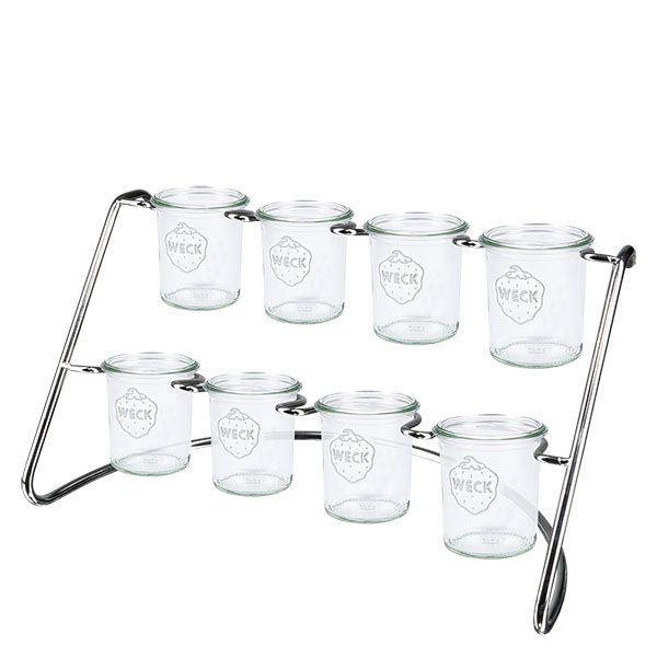 WECK Support de service Flato8 avec 8 verres à pied suspendus, disposés sur deux étages sur un cadre en acier inoxydable