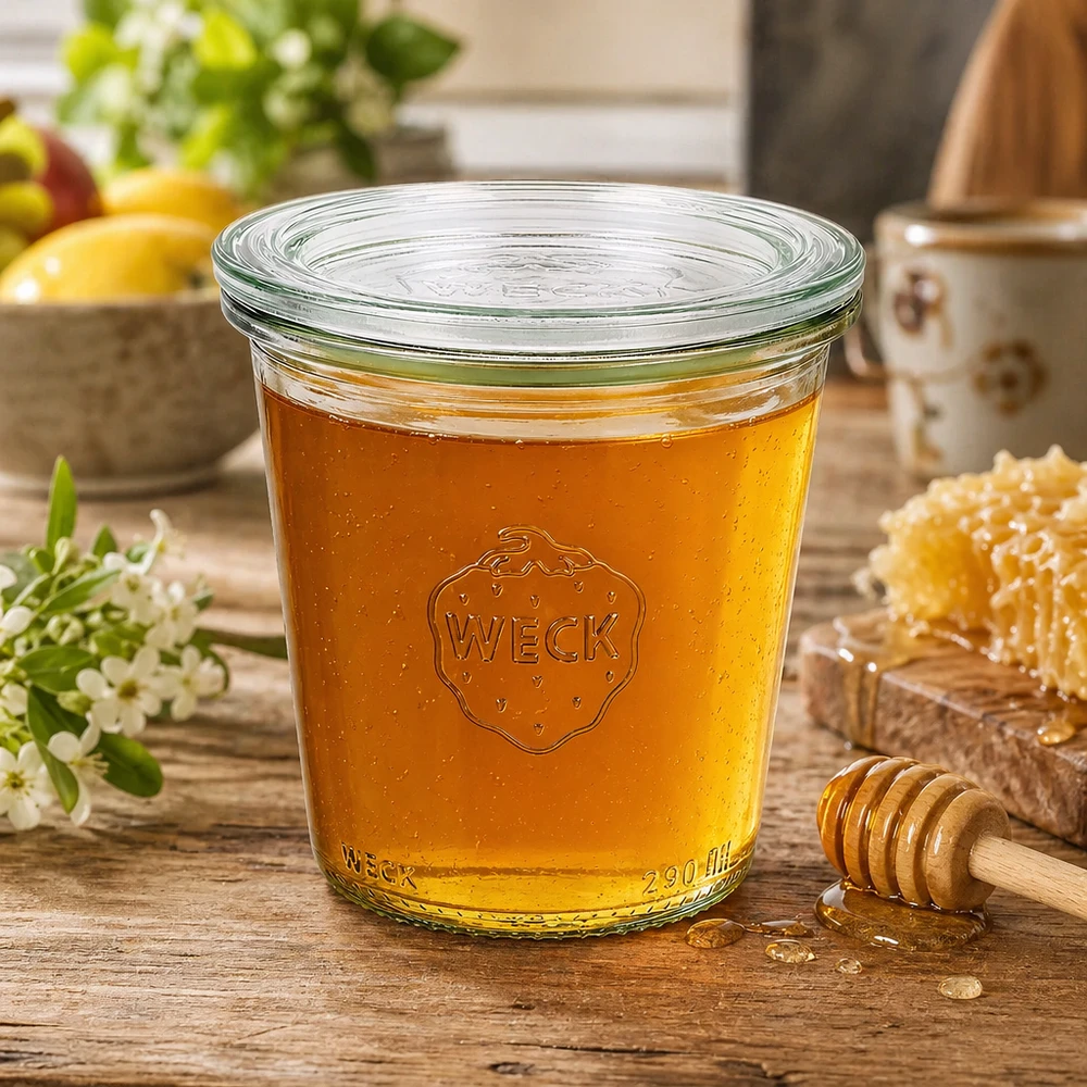 290ml bocal conique haut avec bouchon en verre WECK RR80 WECK Verre renversé 290ml RR80 rempli de miel doré et cuillère à miel comme exemple d'utilisation dans une ambiance rustique