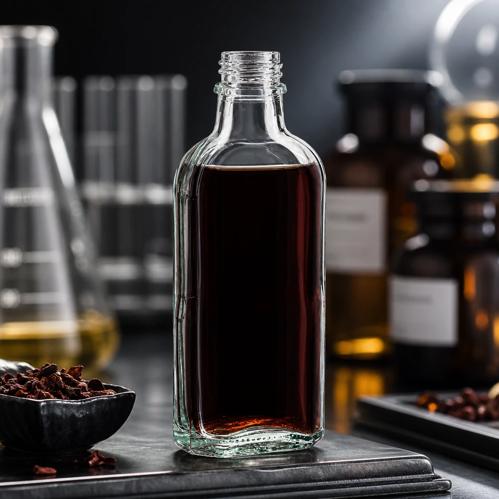 Flasque transparente de 100 ml au goulot DIN 22 Liquide brun dans un flacon Meplat de 100 ml transparent muni d'un bouchon DIN22, en milieu de laboratoire