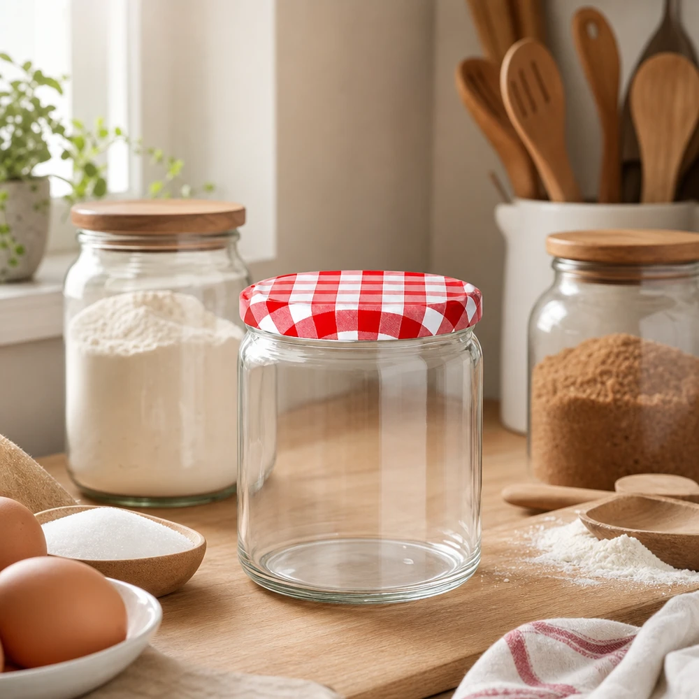 408ml Verre rond avec couvercle BasicSeal rouge/blanc UNiTWIST 408ml pot rond vide sur planche en bois dans scène de cuisine BasicSeal couvercle rouge blanc à carreaux Ingrédients de boulangerie Œufs Farine