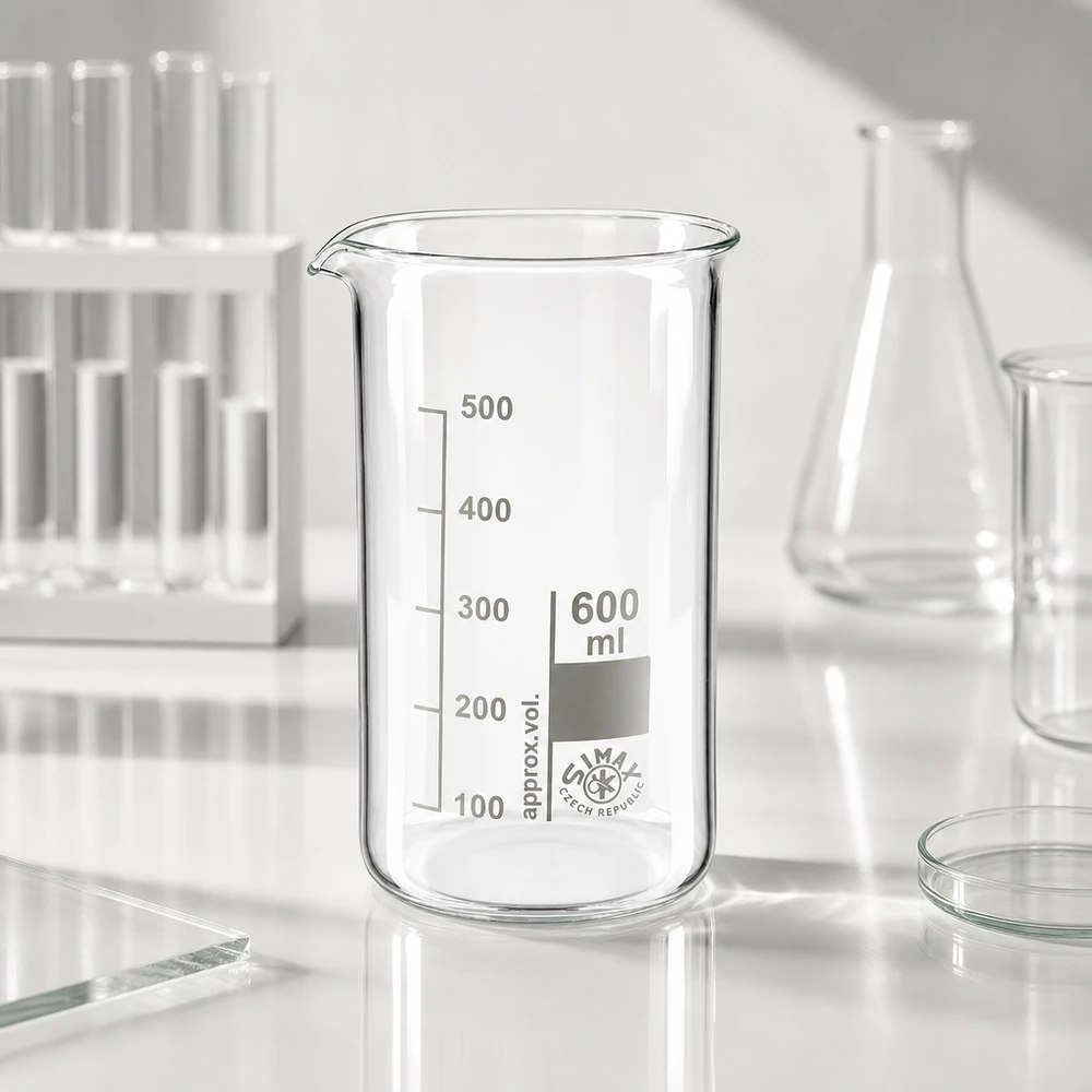 Bécher 600ml en verre borosilicate résistant à la chaleur (forme haute) Bécher vide de 600 ml, de forme haute, en verre borosilicaté transparent, muni d'une graduation en millimètres, destiné à un usage en laboratoire