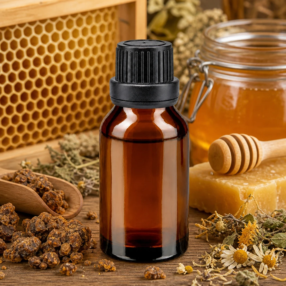 Flacon en verre brun de 15 ml avec bouchon compte-gouttes, destiné au miel, à la cire d'abeille et à la propolis pour les produits naturels