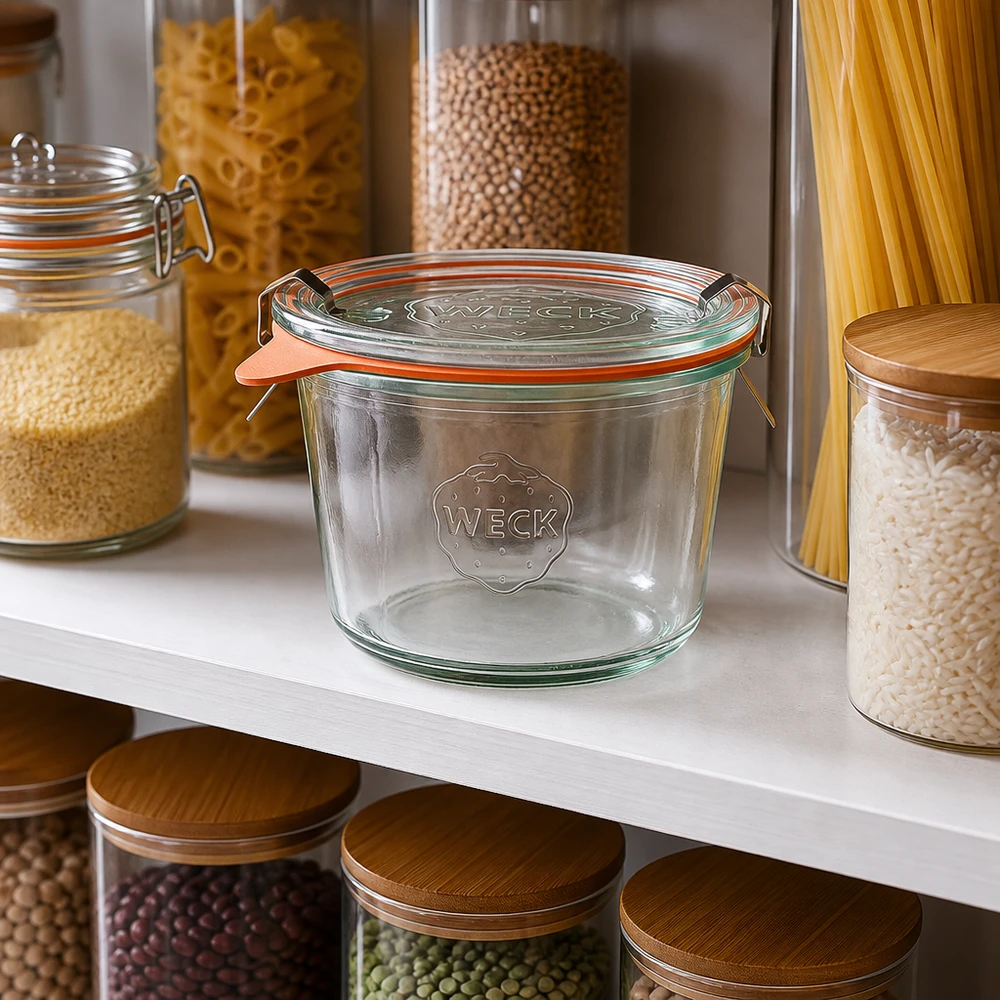 WECK Pot renversé 370ml RR100 vide dans un garde-manger organisé à côté de bocaux remplis de pâtes et de légumineuses