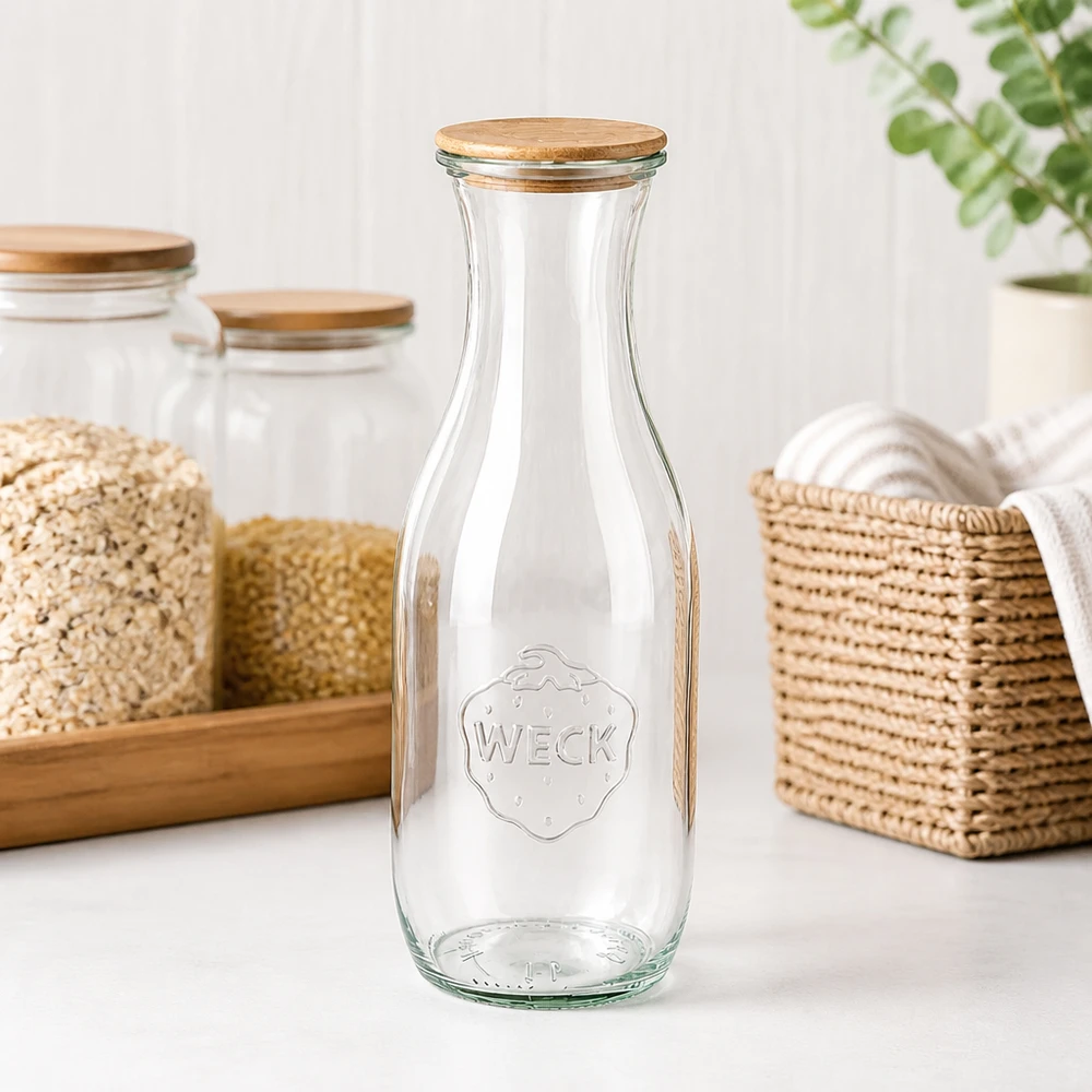 1062ml Bouteille à jus de fruits WECK RR60 avec couvercle en bois WECK Bouteille de jus 1062ml RR60 vide avec couvercle en bois sur le comptoir de la cuisine à côté de la vannerie et des bocaux à provisions avec des céréales