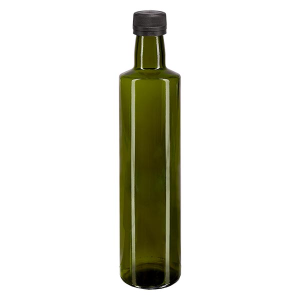 Bouteille d'huile 500 ml ronde, vert olive, avec capsule à vis noire (PP 31,5 mm), bague anti-gouttes et système d'inviolabilité Bouteille d'huile 500 ml ronde, vert olive, avec capsule à vis noire (PP 31,5 mm), bague anti-gouttes et système d'inviolabilité