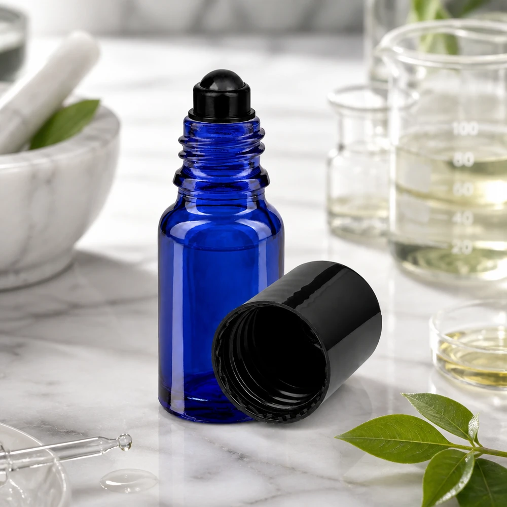 Flacon roll-on bleu de 10 ml en verre ApoGlas, ouvert, dont le bouchon à vis noir a été retiré, posé sur du marbre