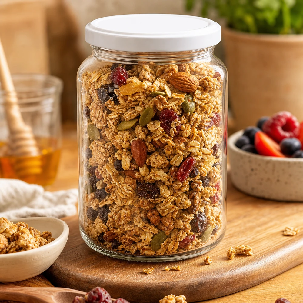382ml Verre rond avec couvercle BasicSeal blanc UNiTWIST Bocal rond de 382 ml UNiTWIST avec couvercle blanc BasicSeal rempli de noix de muesli et de fruits secs comme bocal de stockage