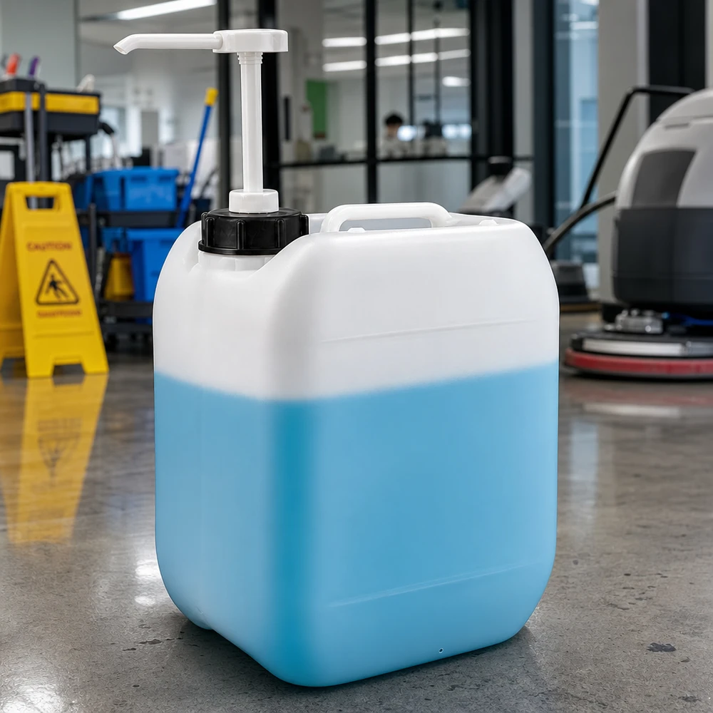 Bidon Halbleerer de 5 litres contenant un liquide de nettoyage bleu clair et muni d'une pompe doseuse, dans l'immeuble de bureaux
