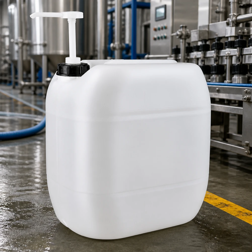 Jerrican de 30 litres avec pompe doseuse Grand bidon industriel blanc de 30 litres équipé d'un distributeur à pompe dans un hall de production