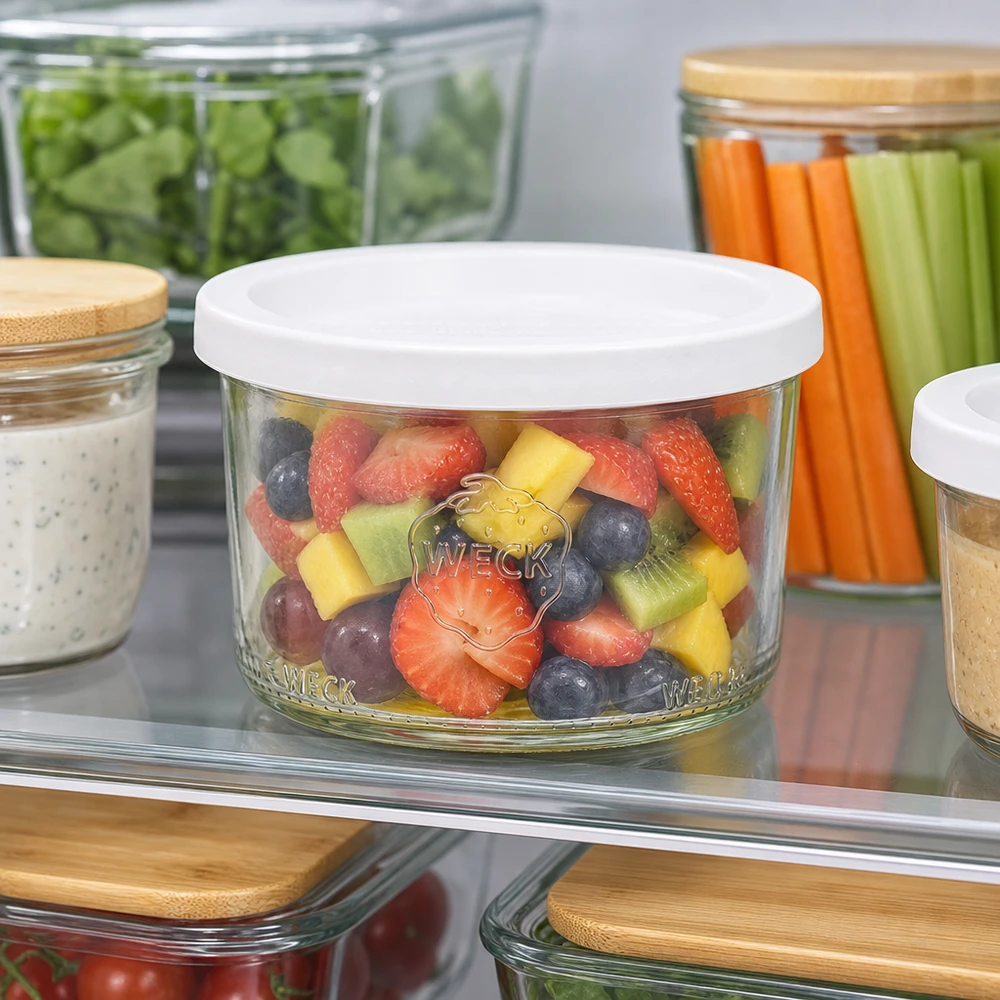 200ml bocal conique avec couvercle fraîcheur WECK RR80 WECK Pot renversé 200ml RR80 avec salade de fruits conservée au réfrigérateur pour Meal Prep et snacks sains