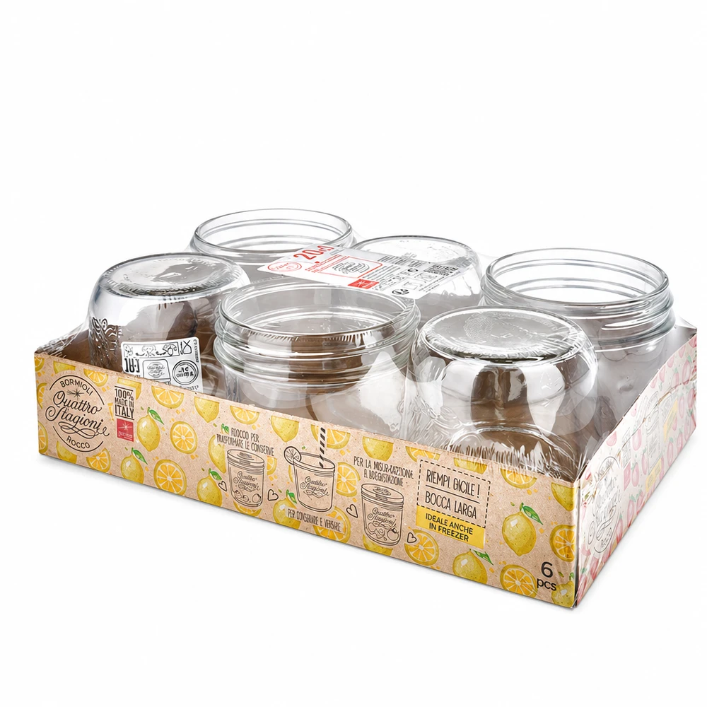 200ml Verre rond "Quattro Stagioni" QS86mm Lot de 6 bocaux de 200ml Quattro Stagioni avec couvercles en vente pour la conservation et le stockage
