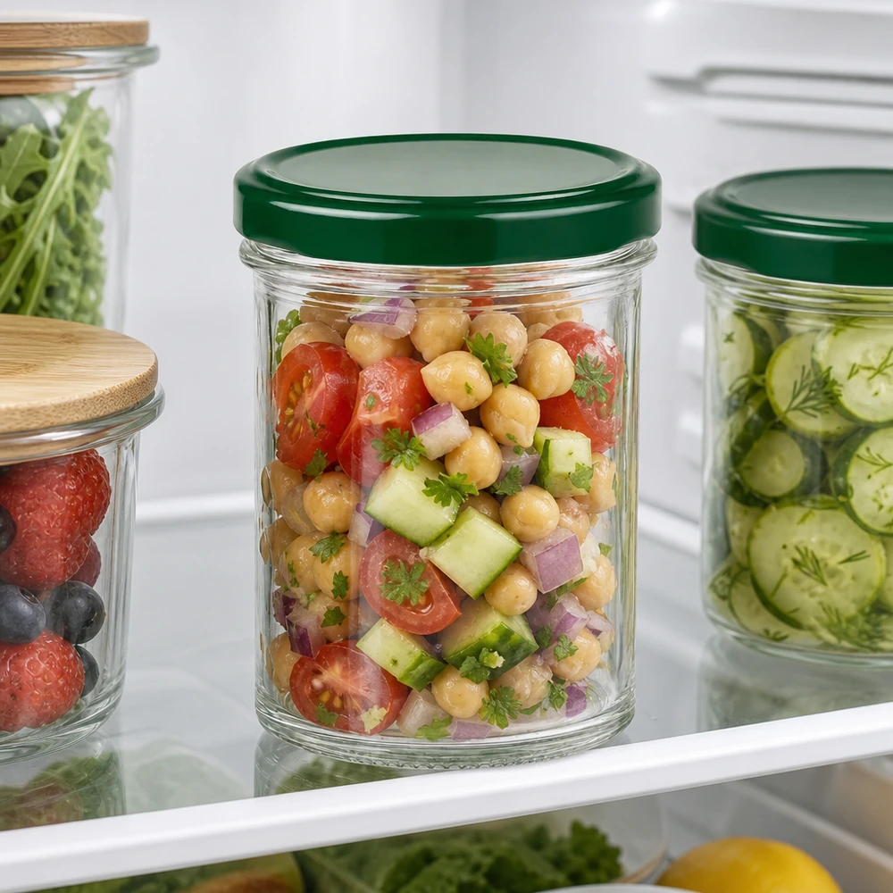 Pot renversé vert de 350 ml rempli de salade de pois chiches dans le réfrigérateur montre une conservation pratique des aliments
