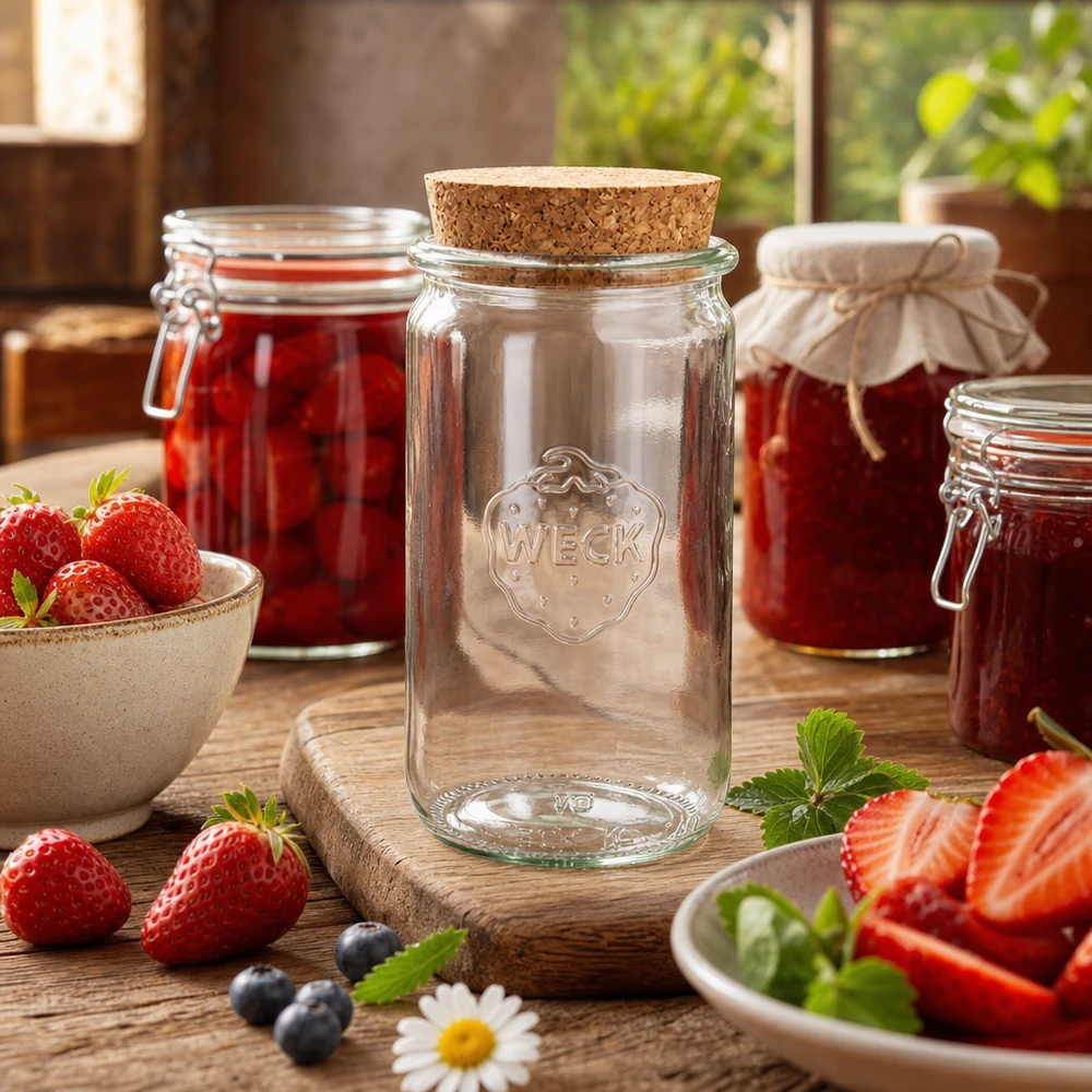340ml bocal cylindrique WECK RR60 avec bouchon nature WECK 340ml pot cylindrique RR60 avec bouchon nature dans une ambiance de cuisine décorée de fraises fraîches et de bocaux