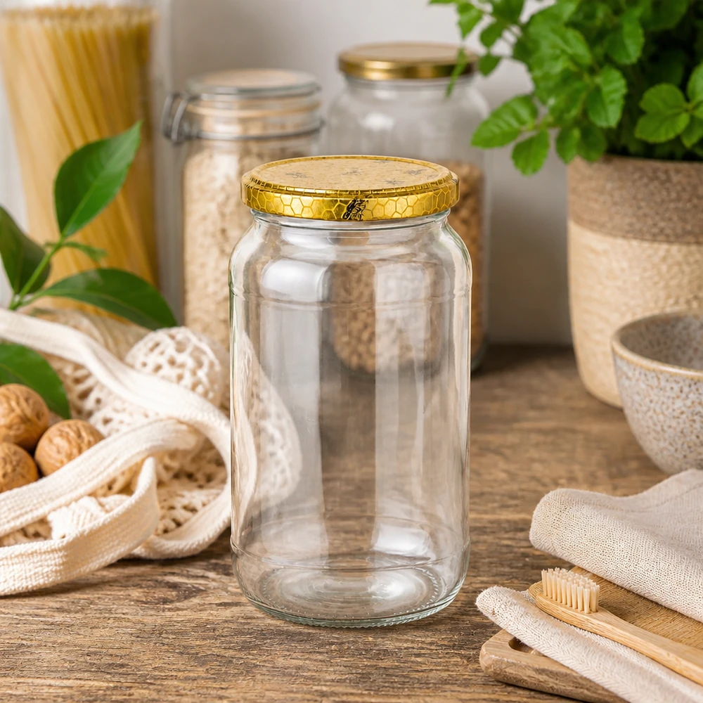 1062ml Verre rond avec couvercle BasicSeal nid d'abeilles UNiTWIST 1062ml Verre rond vide sur table en bois avec ustensiles de cuisine durables Brosses à dents en bambou Sac en jute Zero-Waste-Lifestyle