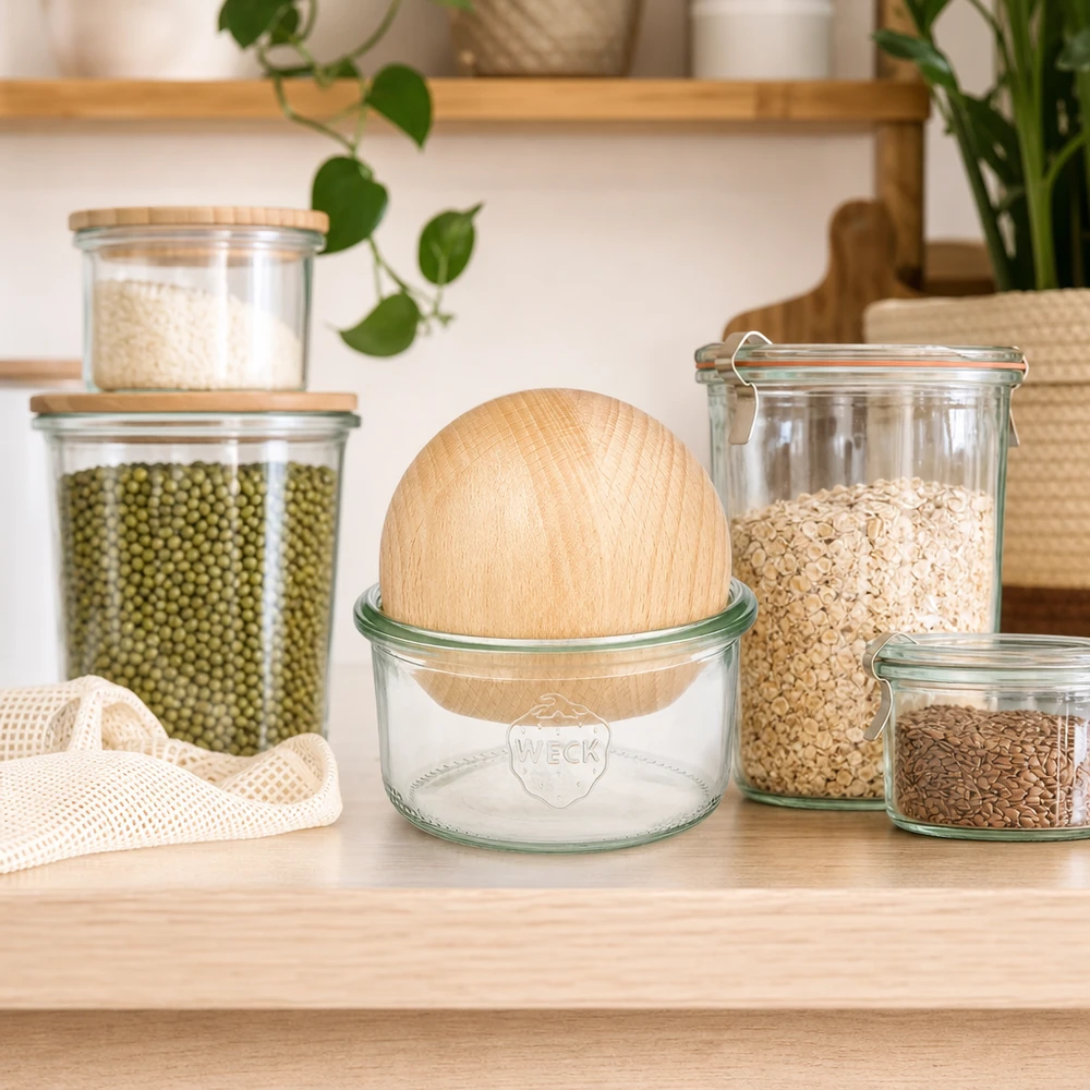 165ml bocal conique WECK RR80 avec boule en bois en hêtre WECK Pot de 165ml RR80 avec couvercle en forme de boule en hêtre dans la cuisine durable zéro déchet à côté des conteneurs de stockage