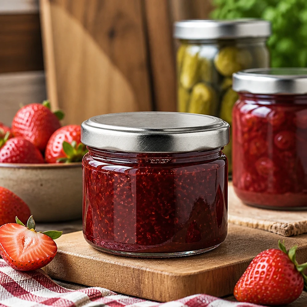 Pot rond de 540ml avec couvercle argenté pour confiture et marmelade, pot de conserve avec fraises sur table en bois