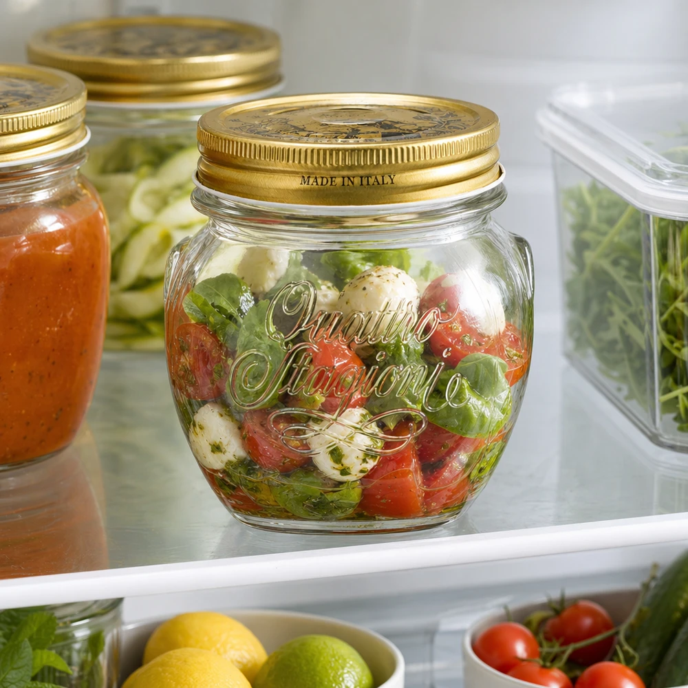300ml pot rond Quattro Stagioni avec couvercle doré rempli de salade Caprese au réfrigérateur Made in Italy