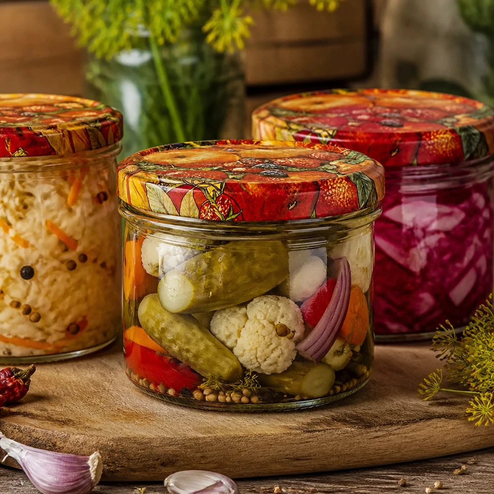 225ml Verre conique avec couvercle BasicSeal décor fruits UNiTWIST Pot de 225ml décor fruits avec légumes mixtes marinés, bocal pour pickles et conserves fermentées