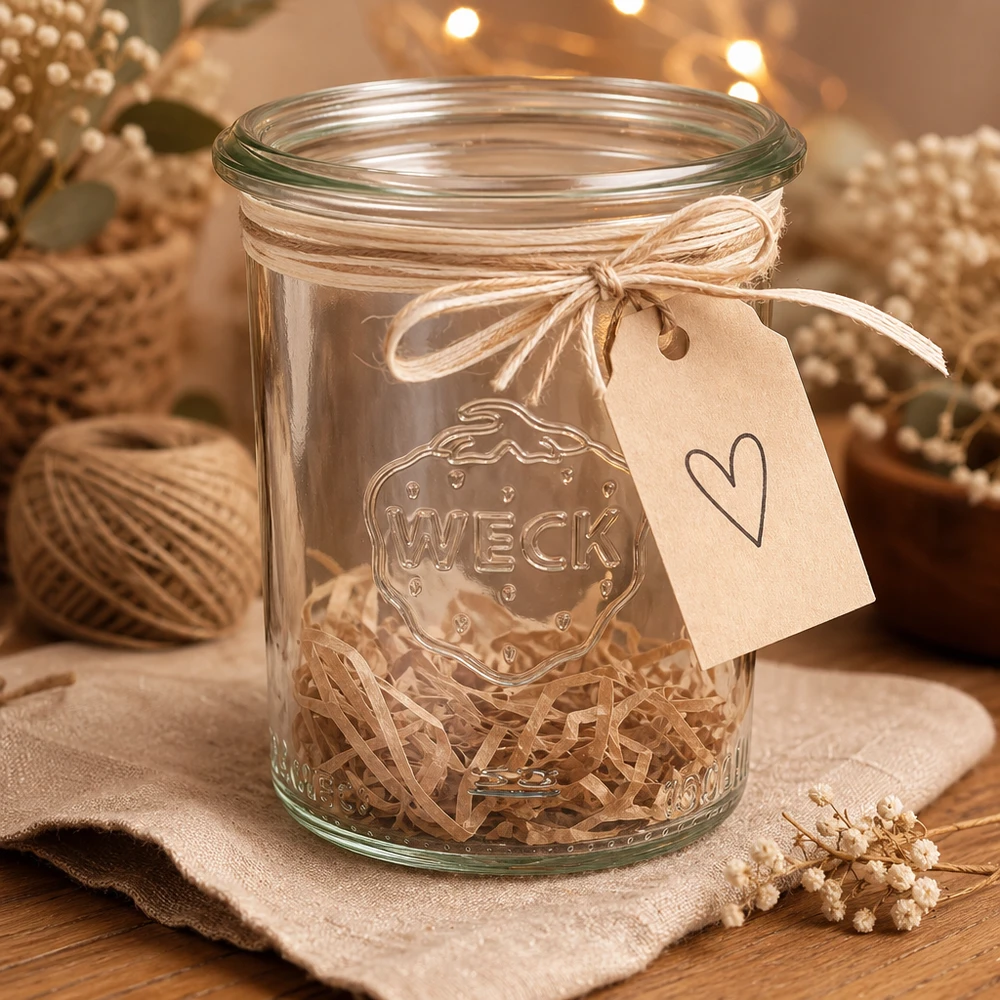 Verre renversé de 160 ml WECK RR60 avec pendentif en forme de cœur et cordon de raphia comme emballage cadeau décoré sur une table en bois