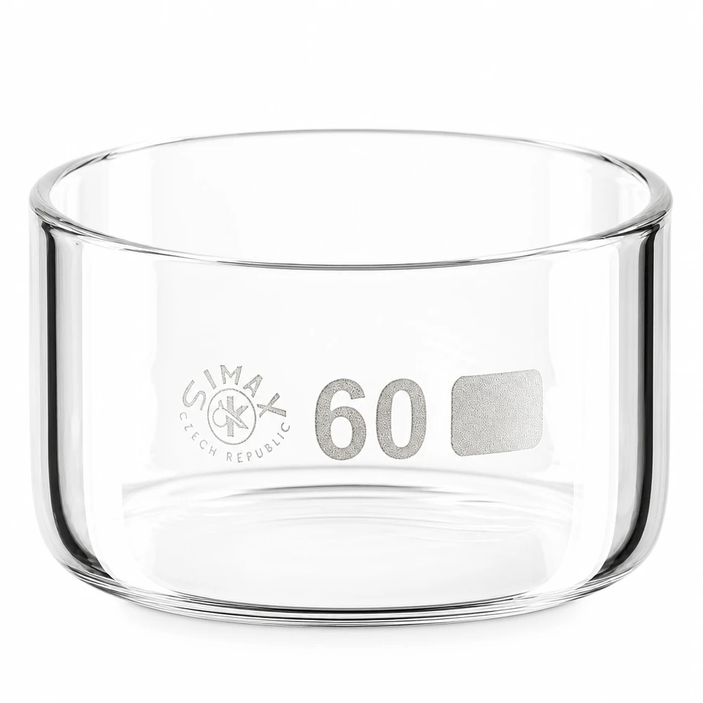 Coupelle de cristallisation 60 ml sans bec verseur Bol de cristallisation Simax 60 ml en verre borosilicaté, sans bec verseur, de forme cylindrique