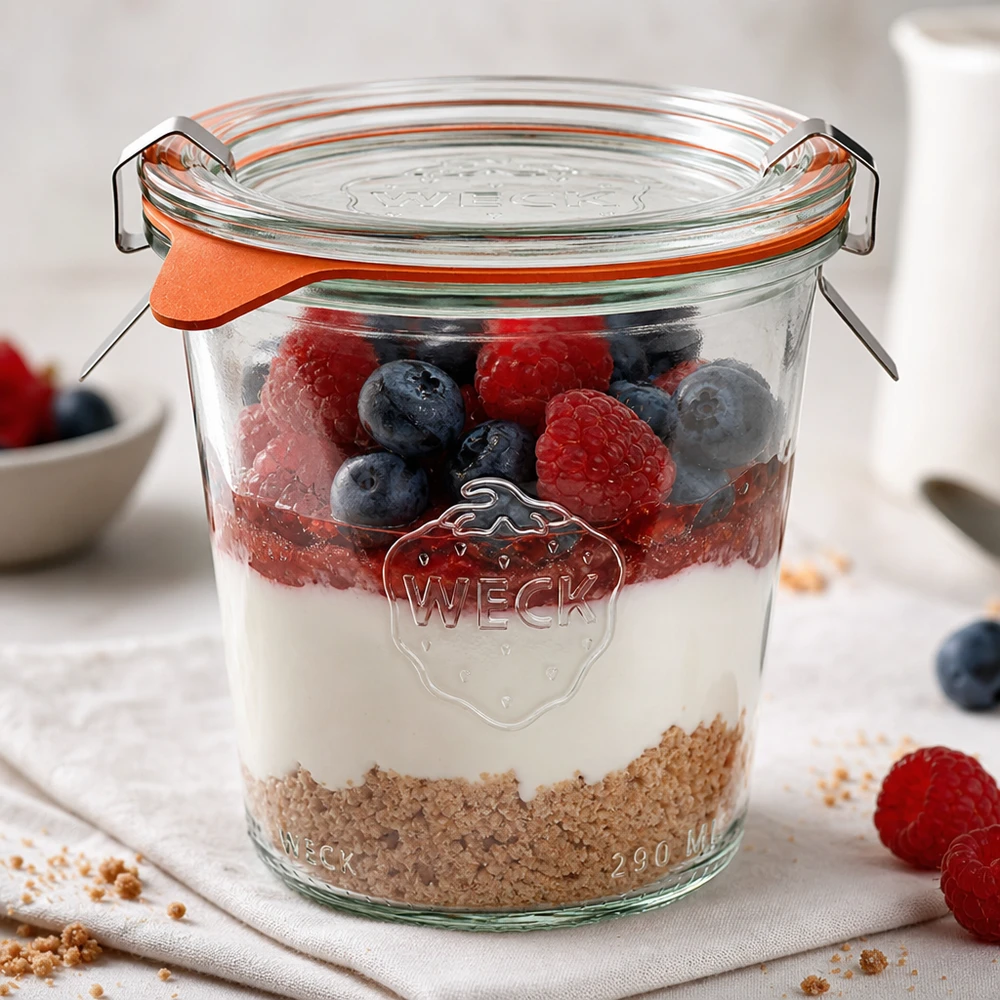290ml bocal conique haut complet WECK RR80 WECK Verre renversé 290ml RR80 comme verre à dessert avec des baies de yaourt et des céréales en couches sur une surface blanche
