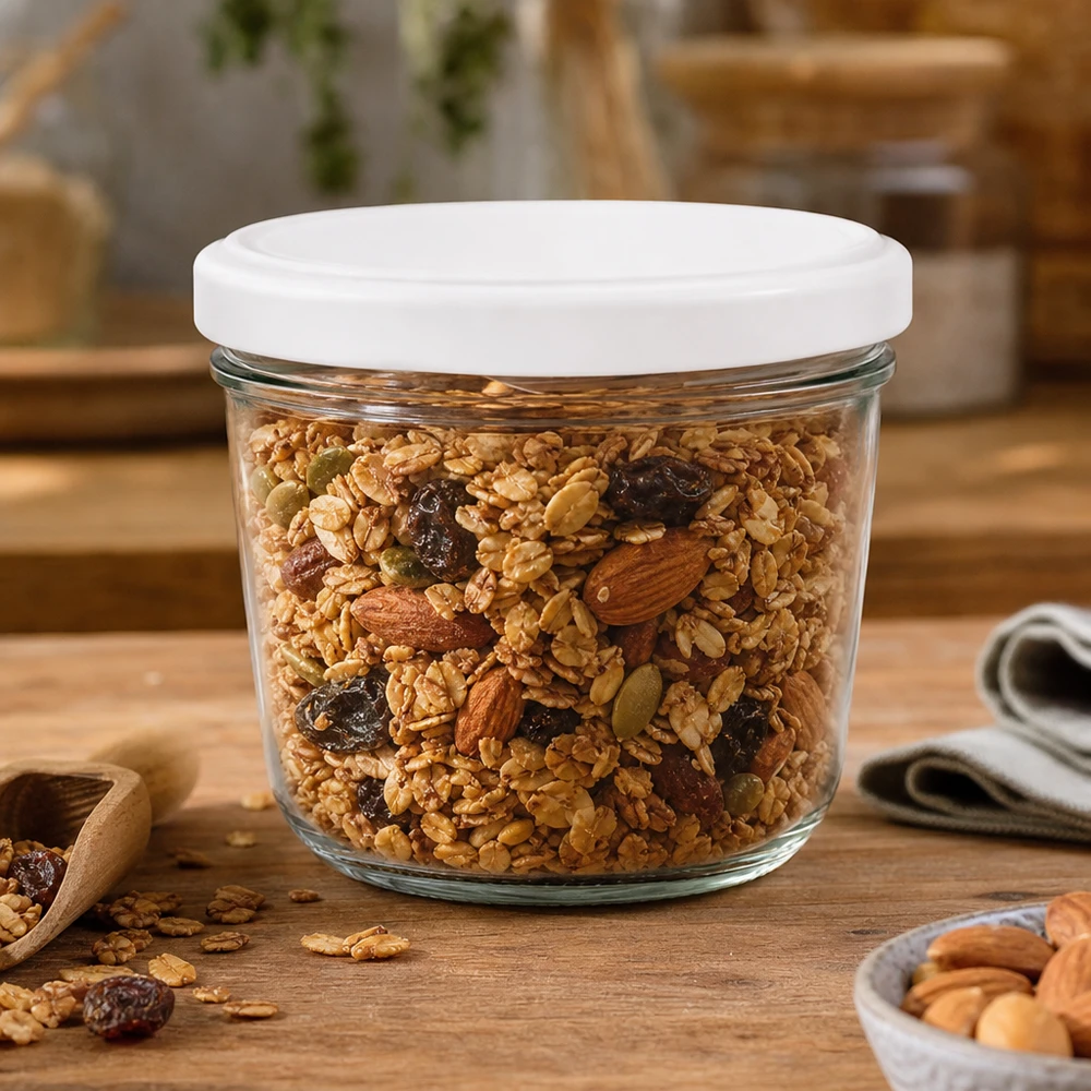 Pot renversé de 230 ml avec couvercle BasicSeal rempli de céréales et de noix - parfait pour le stockage d'aliments secs