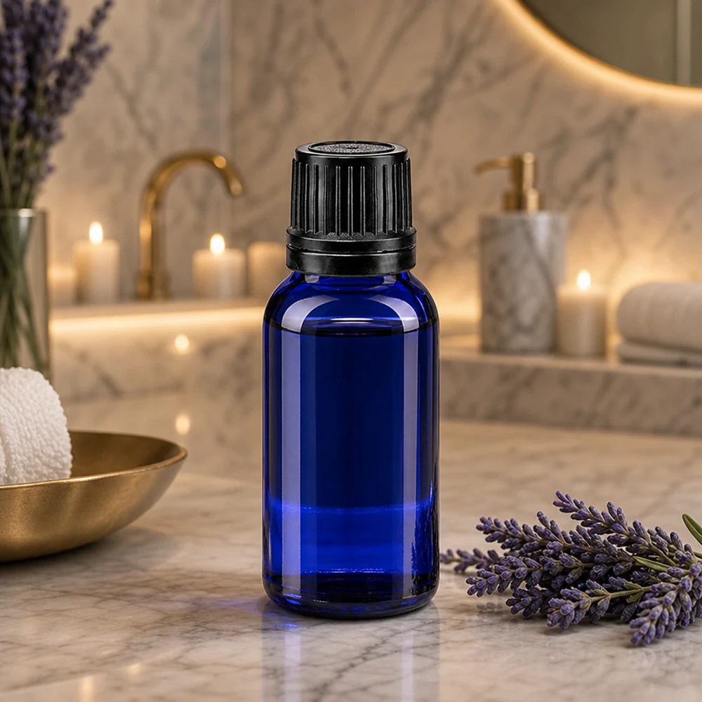 Flacon en verre bleu de 10 ml muni d'un bouchon d'origine noir, posé sur du marbre à côté de fleurs de lavande