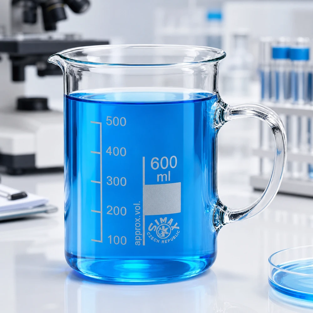 Bécher de laboratoire transparent de 600 ml avec poignée, rempli d'un liquide bleu, dans un laboratoire