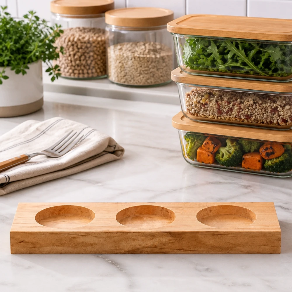 Planche de service en bambou Plano3 sur un comptoir en marbre dans une cuisine moderne avec des récipients Meal Prep et des bocaux de stockage