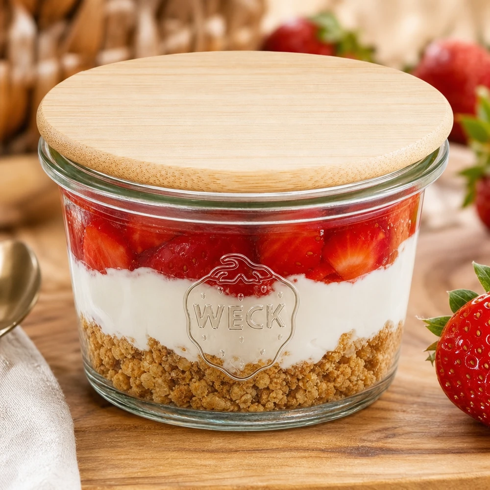 Mini bocal en verre renversé de 35 ml WECK RR40 avec couvercle en bois WECK Mini verre renversé 35ml RR40 avec couvercle en bois de bambou rempli d'un dessert stratifié aux fraises sur une planche en bois avec des fraises fraîches