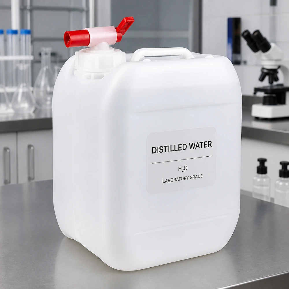 Jerrican de 5 litres avec robinet Bidon de laboratoire de 5 litres contenant de l'eau distillée, muni d'une étiquette et d'un robinet pratique