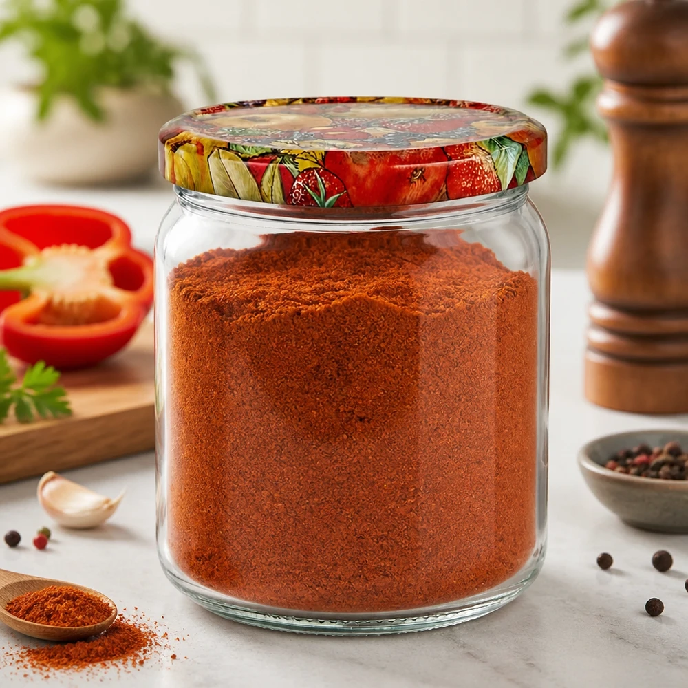 Pot rond de 408 ml rempli de paprika en poudre montre l'utilisation pratique en cuisine du couvercle décoratif pour fruits pour conserver les épices.