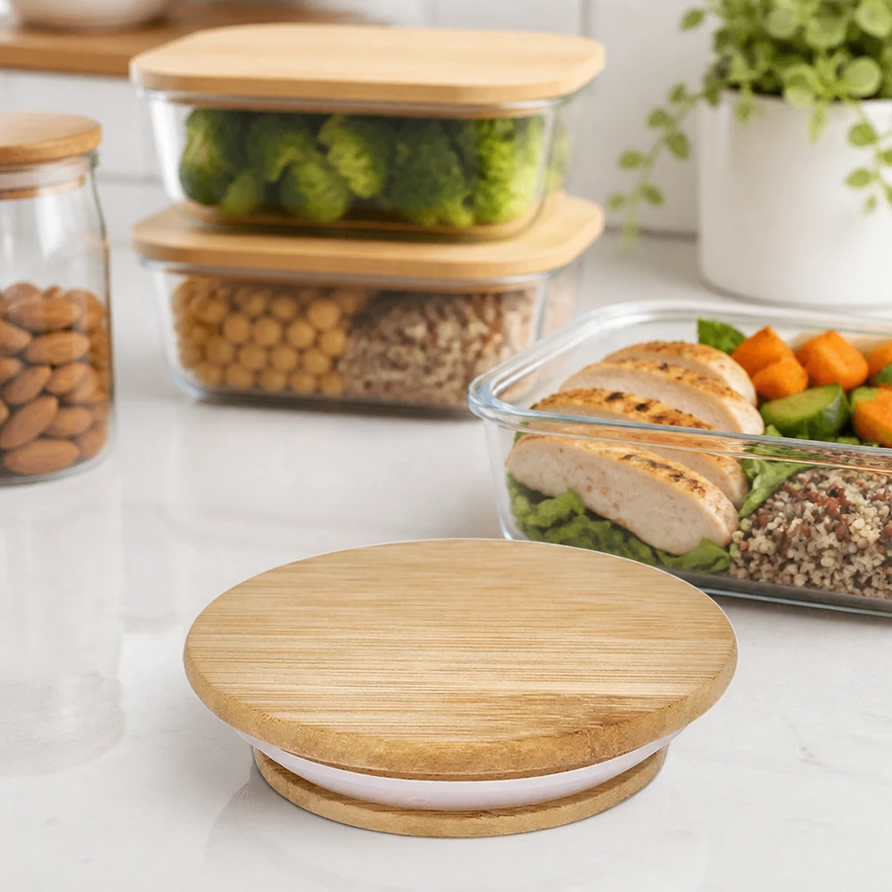 Couvercle en bois RR60 WECK Couvercle en bois RR60 pour bocaux WECK dans une ambiance de cuisine avec des récipients Meal Prep et des aliments sains