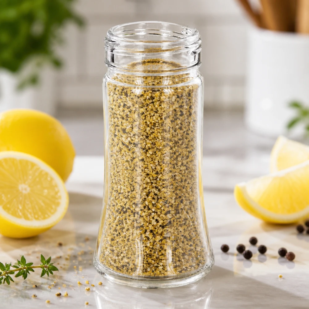 Pot à épices de forme trapézoïdale 95 ml avec filetage 41 mm, en verre clair sans couvercle Pot à épices « Poivre au citron » Bobby, 95 ml, en verre transparent avec bouchon à vis de 41 mm, posé sur un socle en marbre