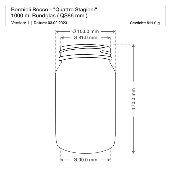 Dessin technique 1000ml Quattro Stagioni Verre rond avec dimensions Diamètre Hauteur 170mm Bormioli Rocco Spécification