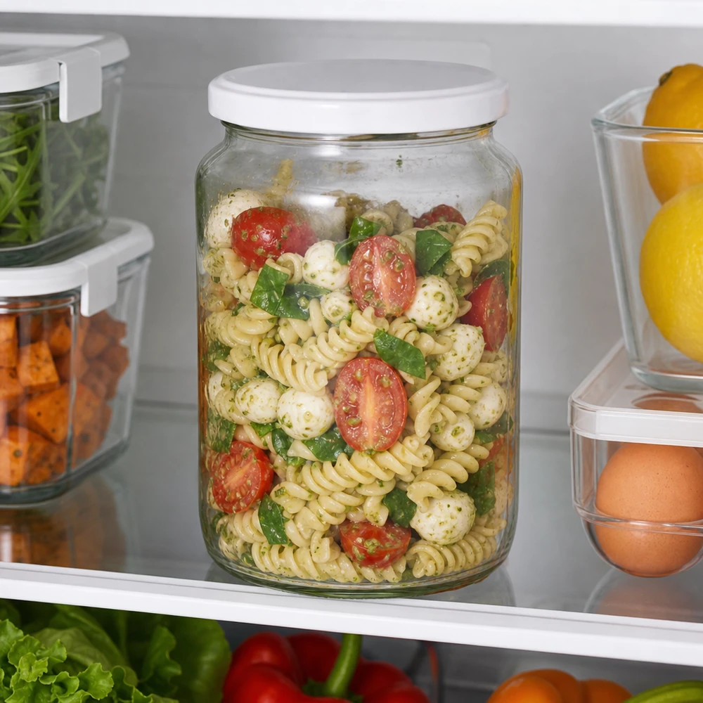795ml Verre rond avec couvercle BasicSeal blanc UNiTWIST Le bocal rond de 795 ml UNiTWIST utilisé comme récipient de Meal Prep dans le réfrigérateur rempli de salade de pâtes permet de conserver parfaitement la fraîcheur.