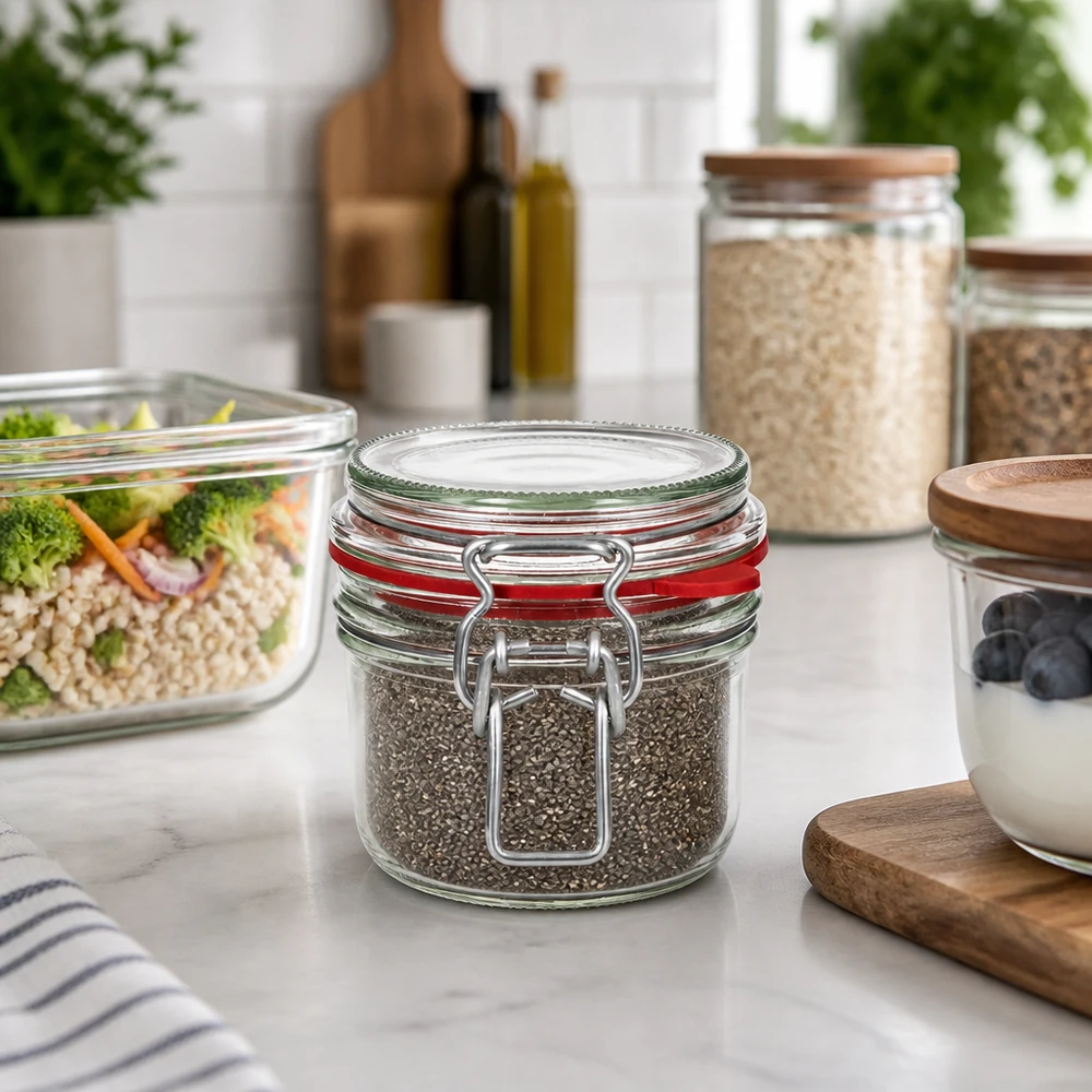 Bocal de conservation de 255 ml, type G, avec bouchon à clip UN.. Stilvolle Küchenorganisation mit 255ml Vorratsglas Bügelverschluss für Gewürze und Trockenvorräte auf Marmortheke