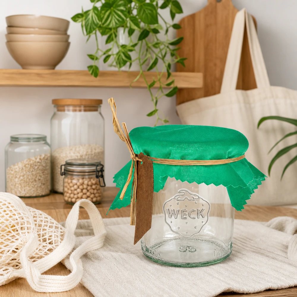 Tissu napperon pour décoratif verte 12cm carré Couvercle décoratif vert 12cm carré sur verre WECK dans la cuisine durable Zero-Waste avec récipients de stockage et sac en jute