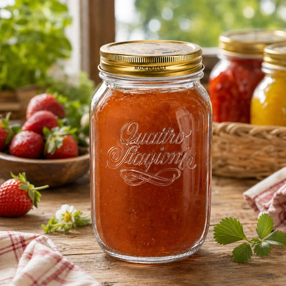 Pot Quattro Stagioni 1000ml rempli de confiture de fraises maison sur table rustique en bois verre à conserves italiennes
