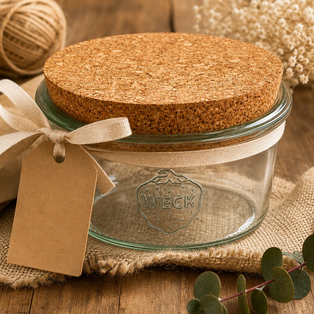 165ml bocal conique WECK RR80 avec bouchon nature WECK Sturzglas 165ml RR80 mit Korken im rustikalen Dekor mit Geschenkanhänger natürliche Aufbewahrung
