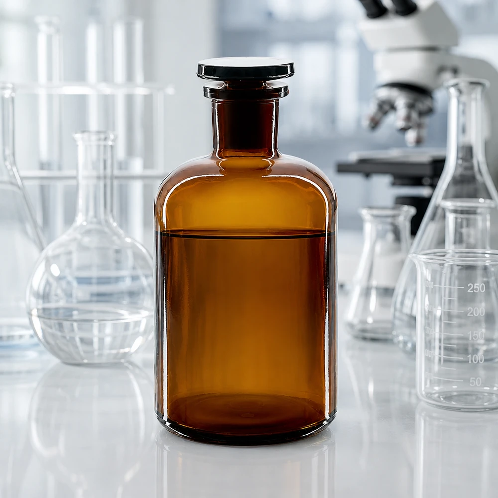 Flacon pharmaceutique 500 ml col étroit en verre ambré + bouchon Flacon de protection contre la lumière, 500 ml, brun, à épaulement arrondi et col étroit, avec bouchon en verre, destiné à un usage en laboratoire