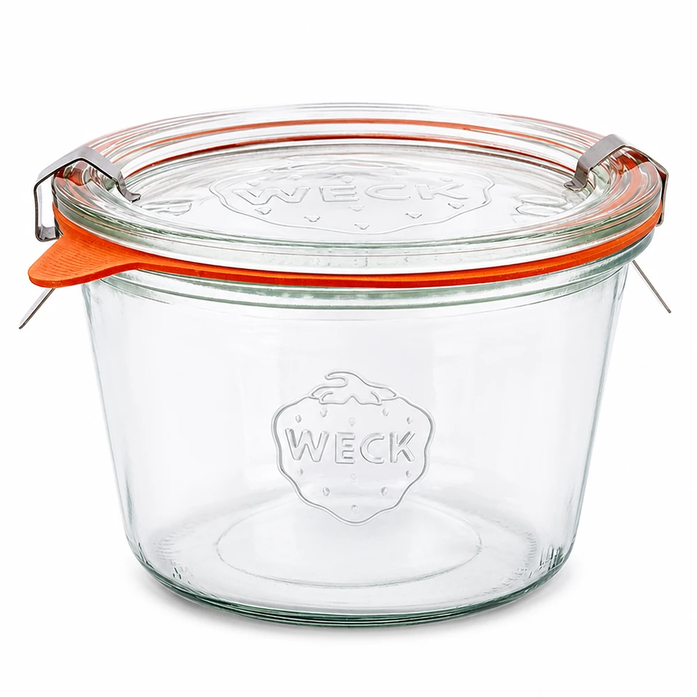 WECK Pot de 370ml RR100 avec couvercle en verre et anneau en caoutchouc orange set complet pour la mise en conserve et la conservation